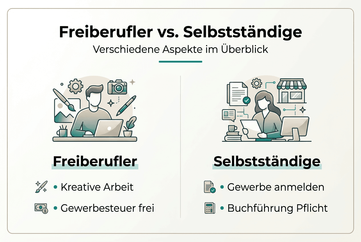 Eine Infografik veranschaulicht die wichtigsten Unterschiede zwischen Freiberuflern und selbstständigen Unternehmern.