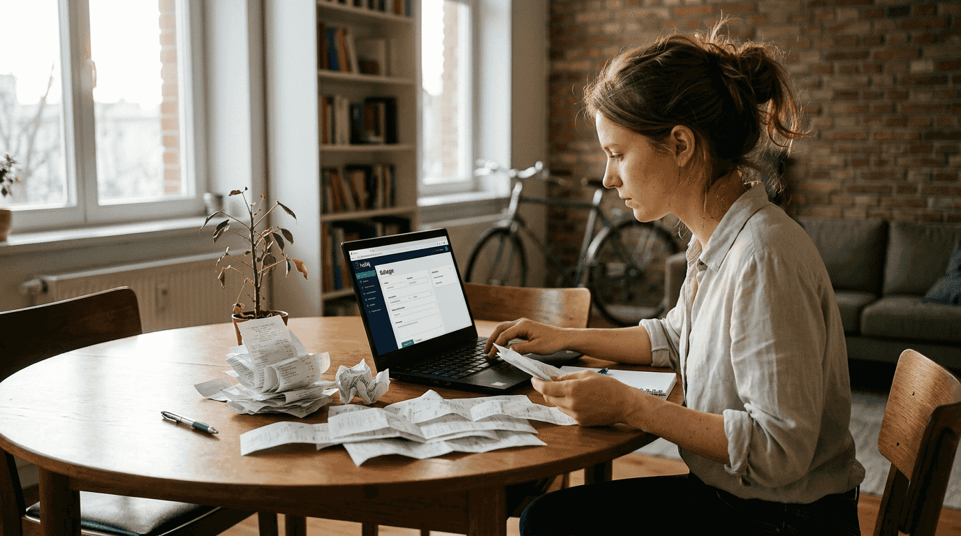 Ein selbstständiger Unternehmer sitzt mit Sorgenfalten über einem Stapel Belege und versucht, Ordnung in sein Papierchaos zu bringen.