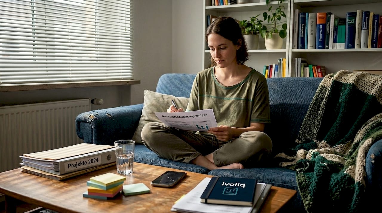 Eine Frau prüft Unterlagen in ihrem heimischen Arbeitszimmer.