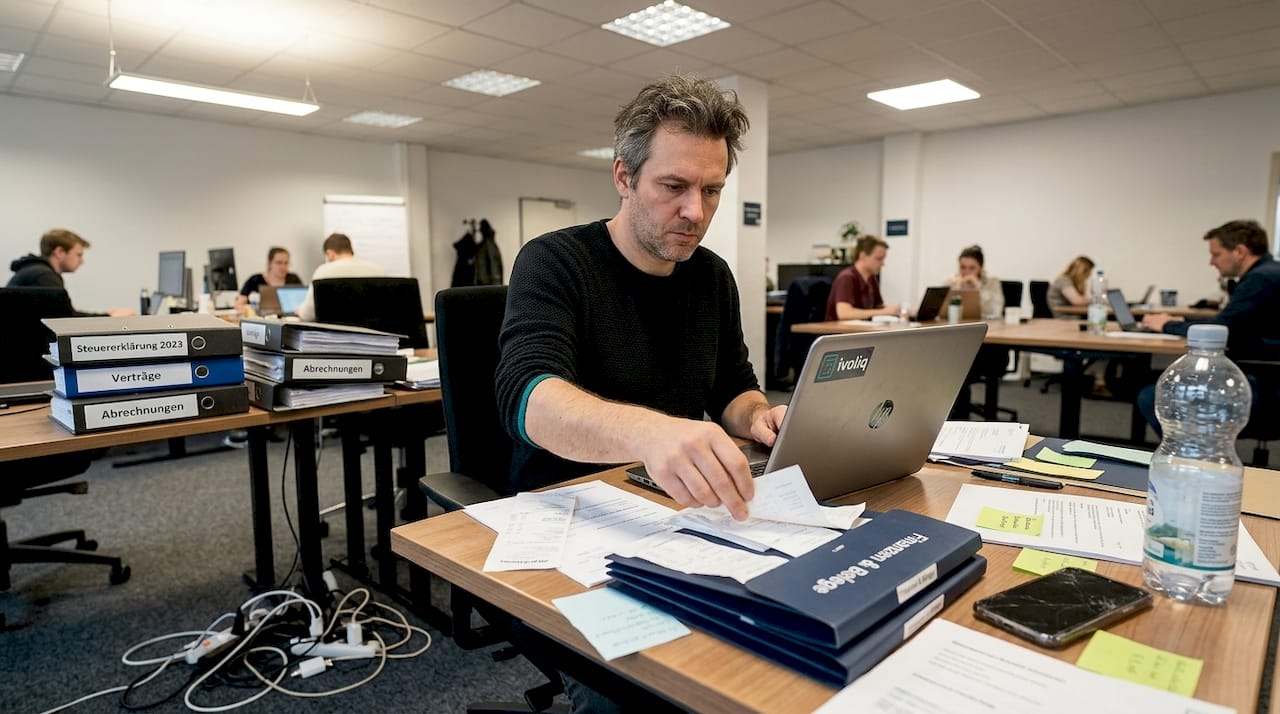 Ein Mann sortiert seine Steuerunterlagen im Gemeinschaftsbüro.