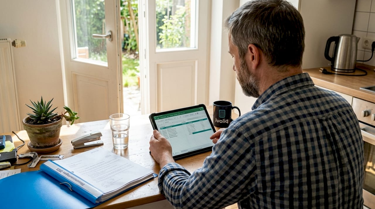 Selbstständige sitzt am Küchentisch und kümmert sich um ihre Finanzen.
