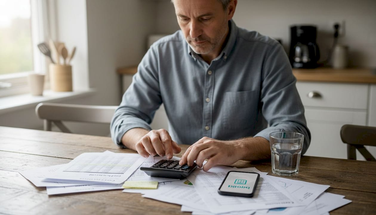 Selbstständiger prüft Belege und rechnet nach