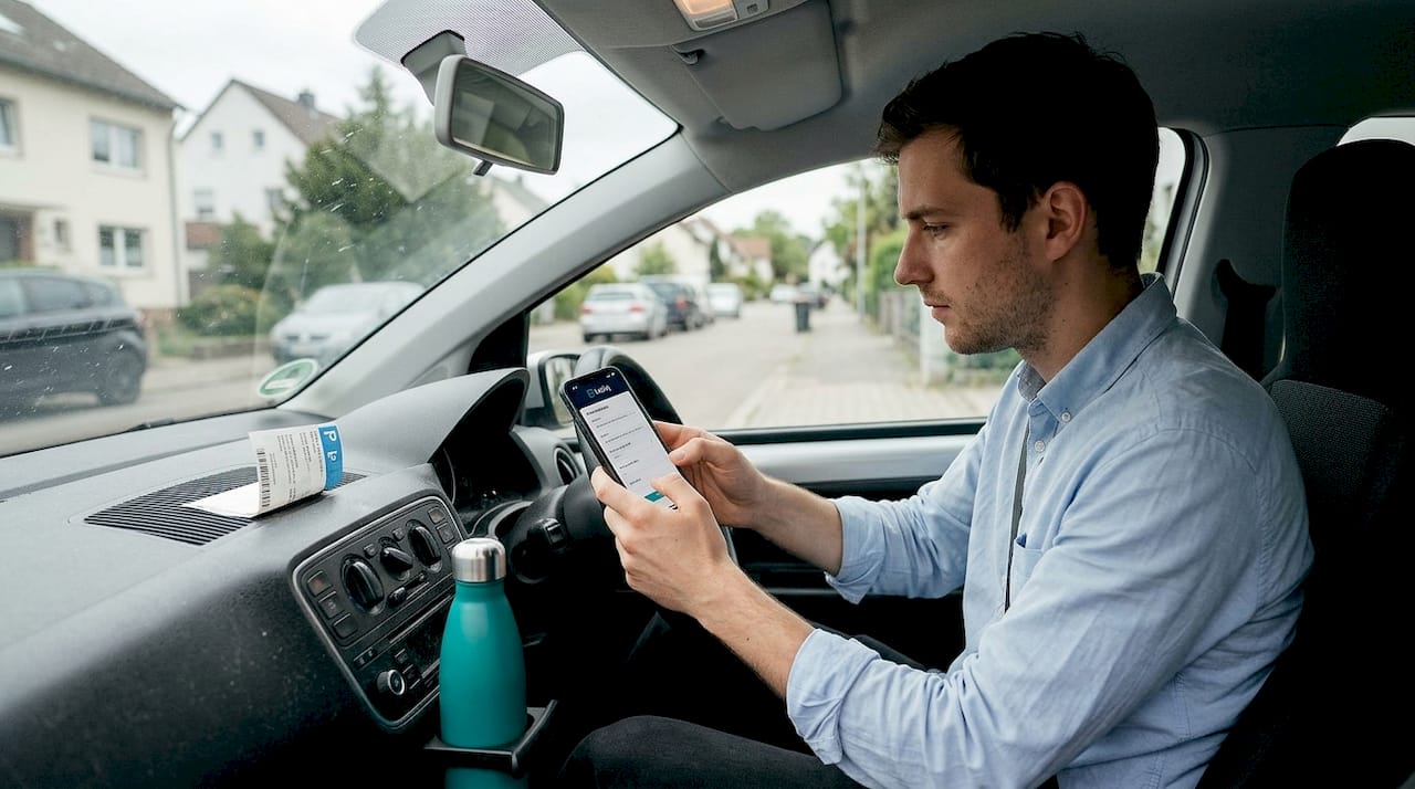 Ein Selbstständiger trägt seine gefahrenen Kilometer direkt in einer Fahrtenbuch-App ein.