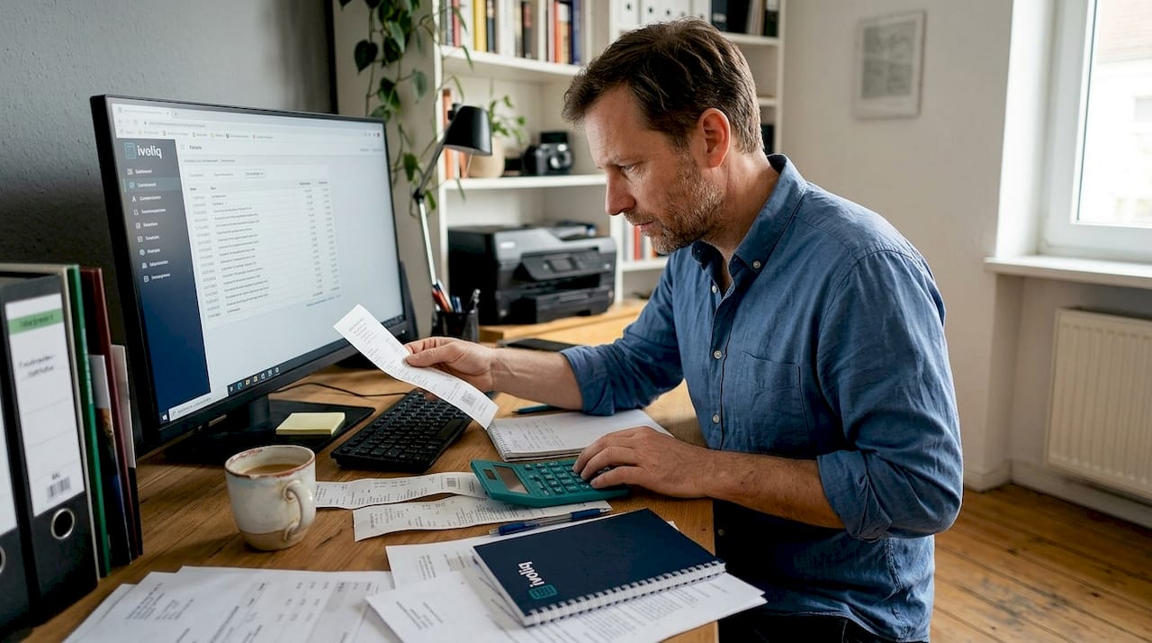 Ein Mann sortiert und erfasst Belege im heimischen Arbeitszimmer.