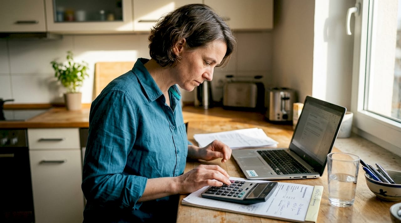 Eine Frau sitzt am Küchentisch und geht ihre Finanzen durch.