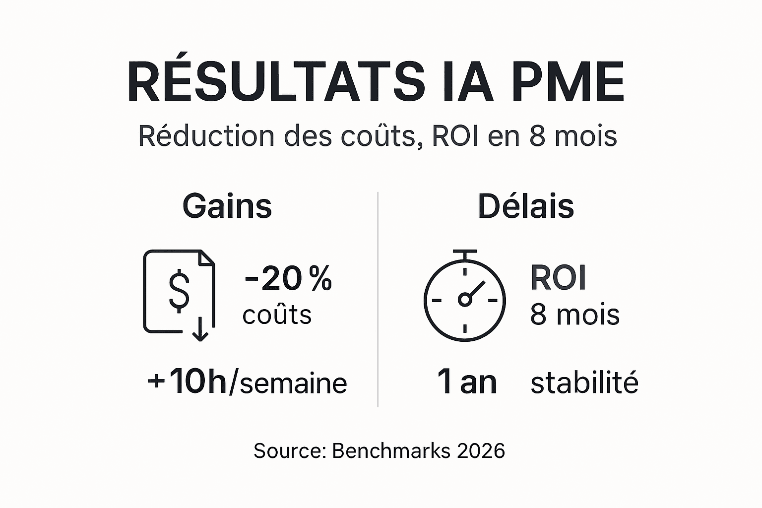 Découvrez en infographie les chiffres clés de l’intelligence artificielle en PME : coûts, délais de mise en œuvre et retour sur investissement.