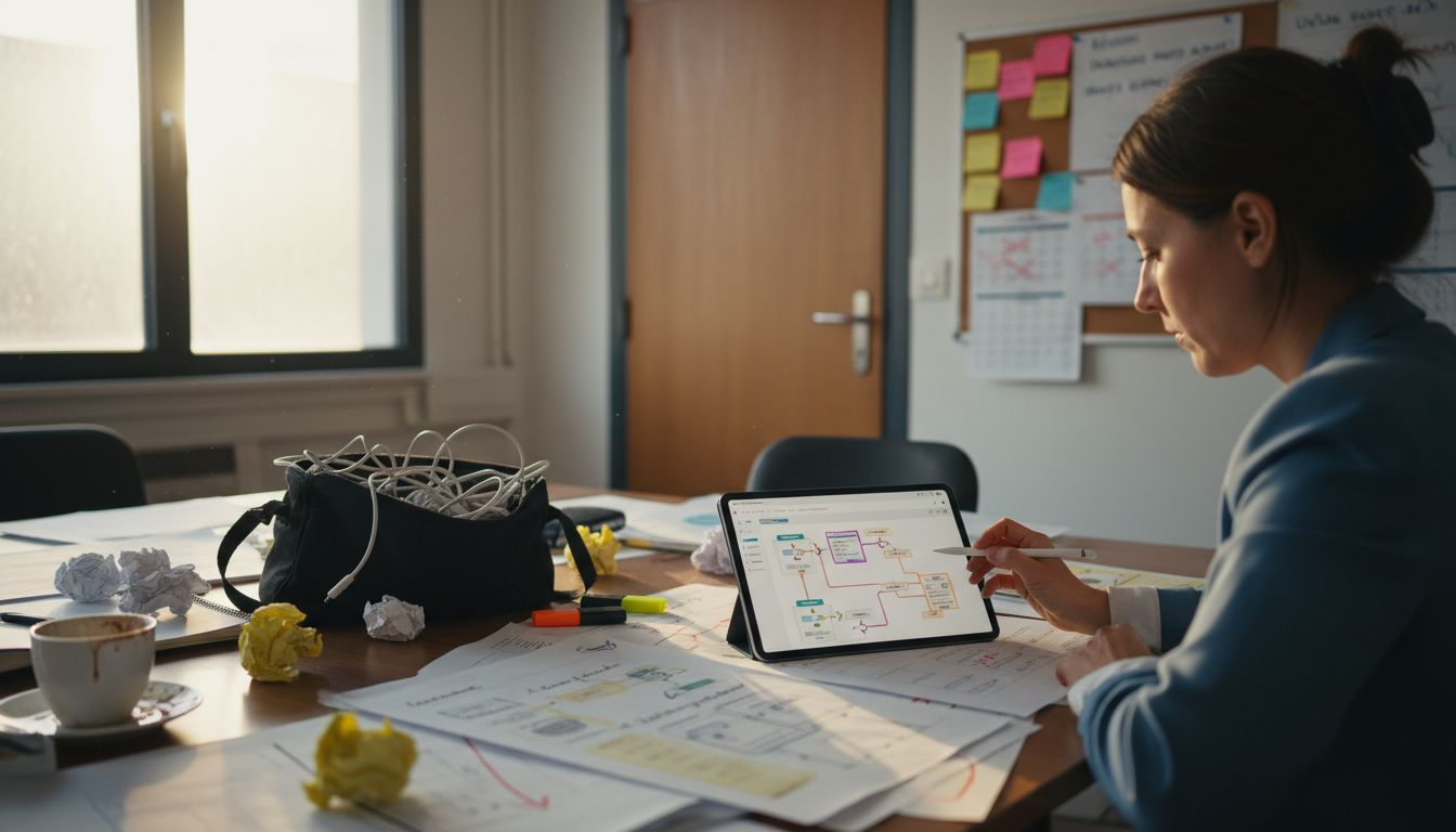 Un manager en train d’examiner des documents sur l’automatisation des processus de travail.