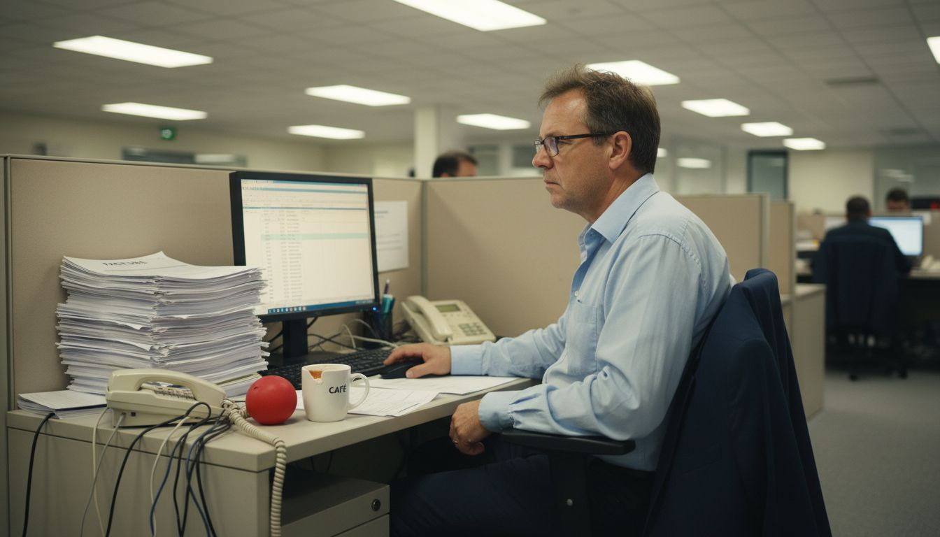 Un salarié effectue des tâches administratives répétitives sur son ordinateur au bureau.