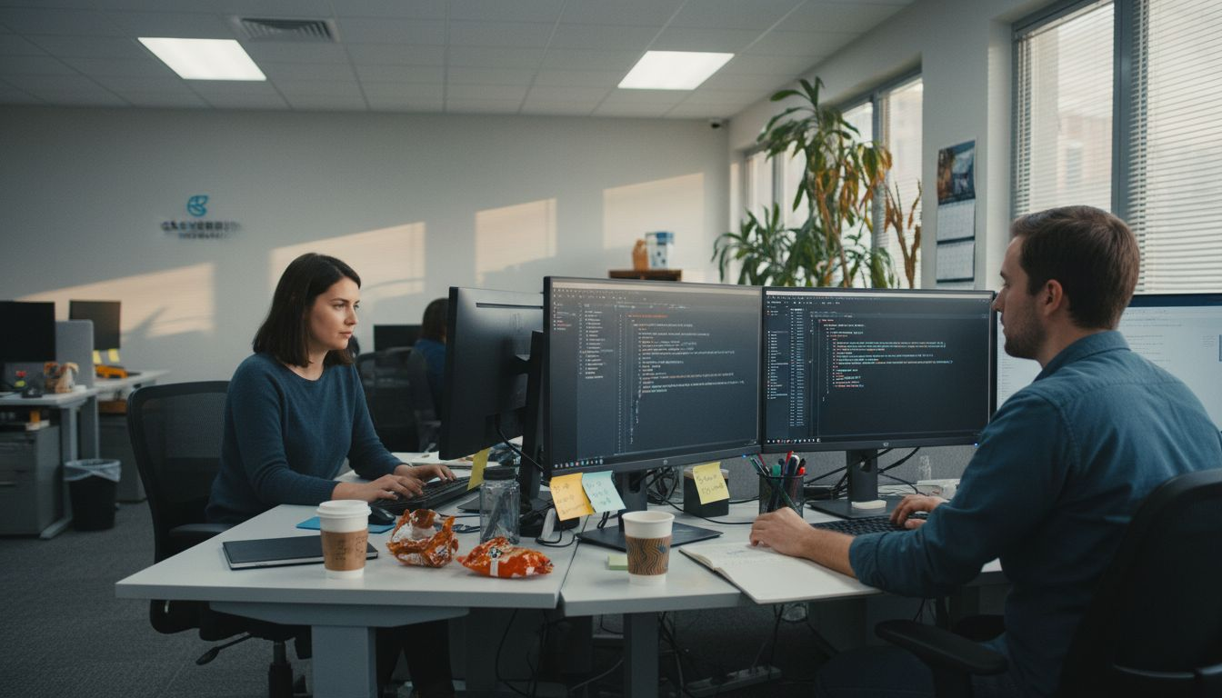 Developers collaborating at in-house office desks