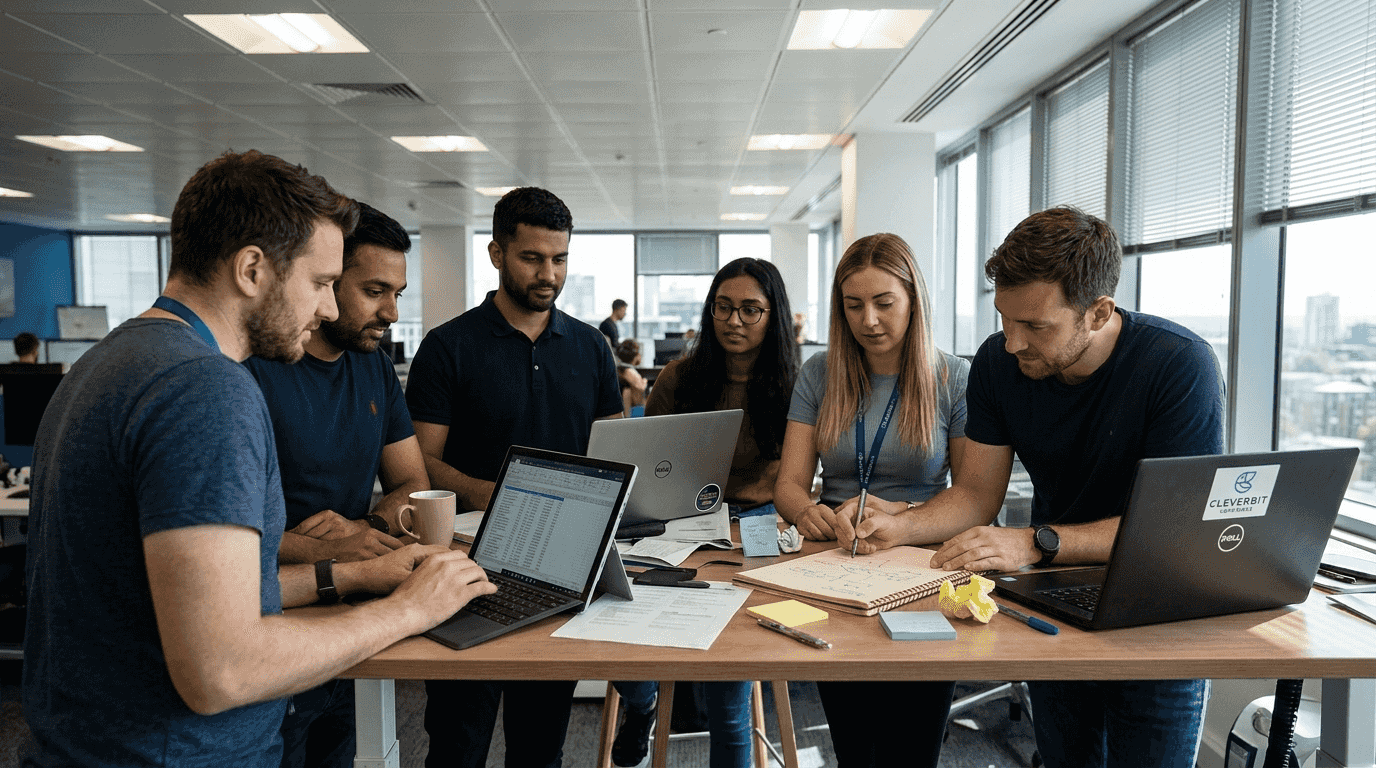 Engineering team collaborating in open workspace