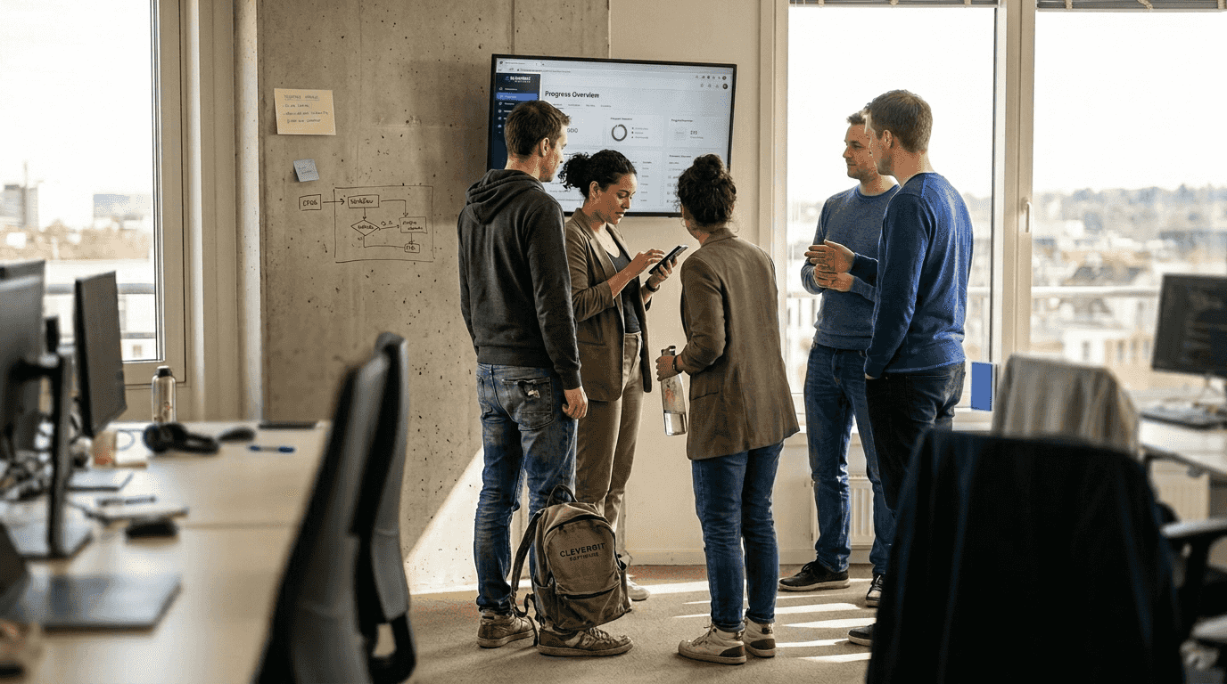 Software team daily standup with monitor display