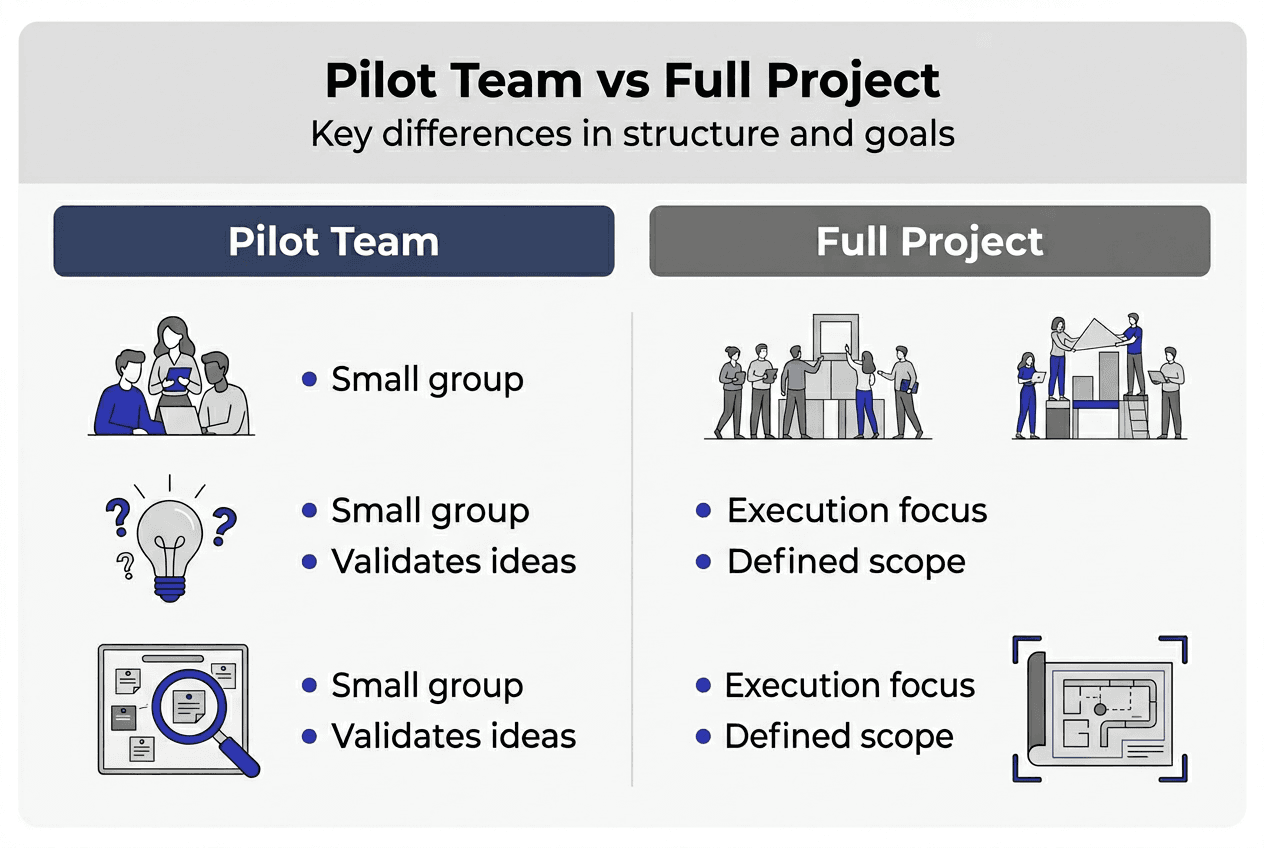 Infographic contrasting pilot and full project teams