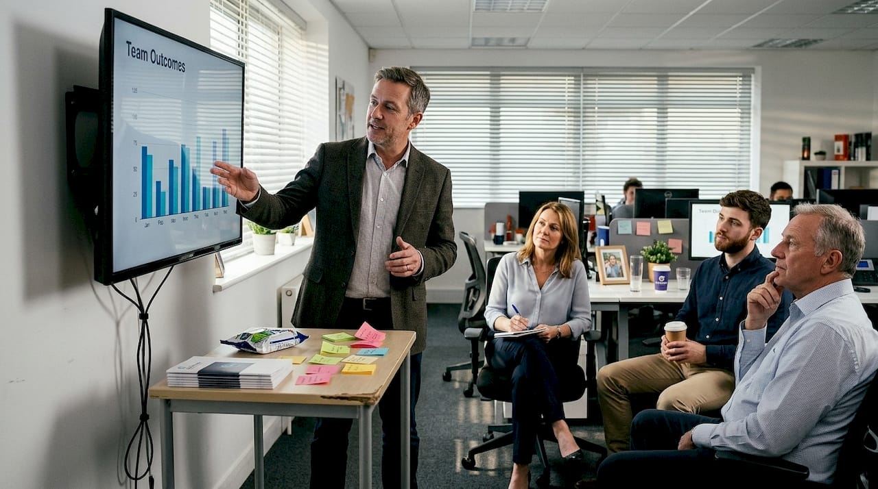 Manager presenting team outcome data in workspace