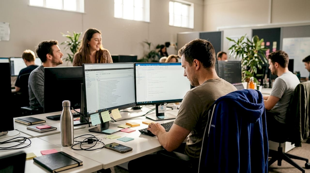 Team members in daily open-plan workflow