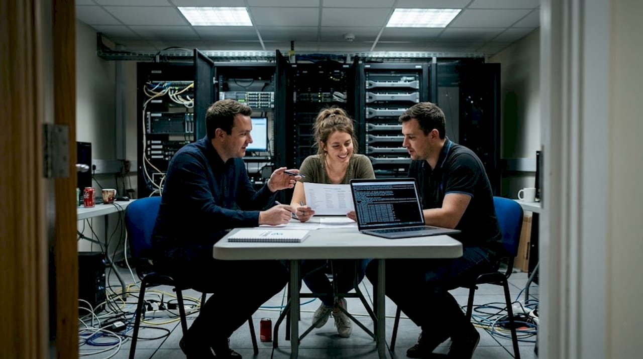 IT team discussing guardrails in server room