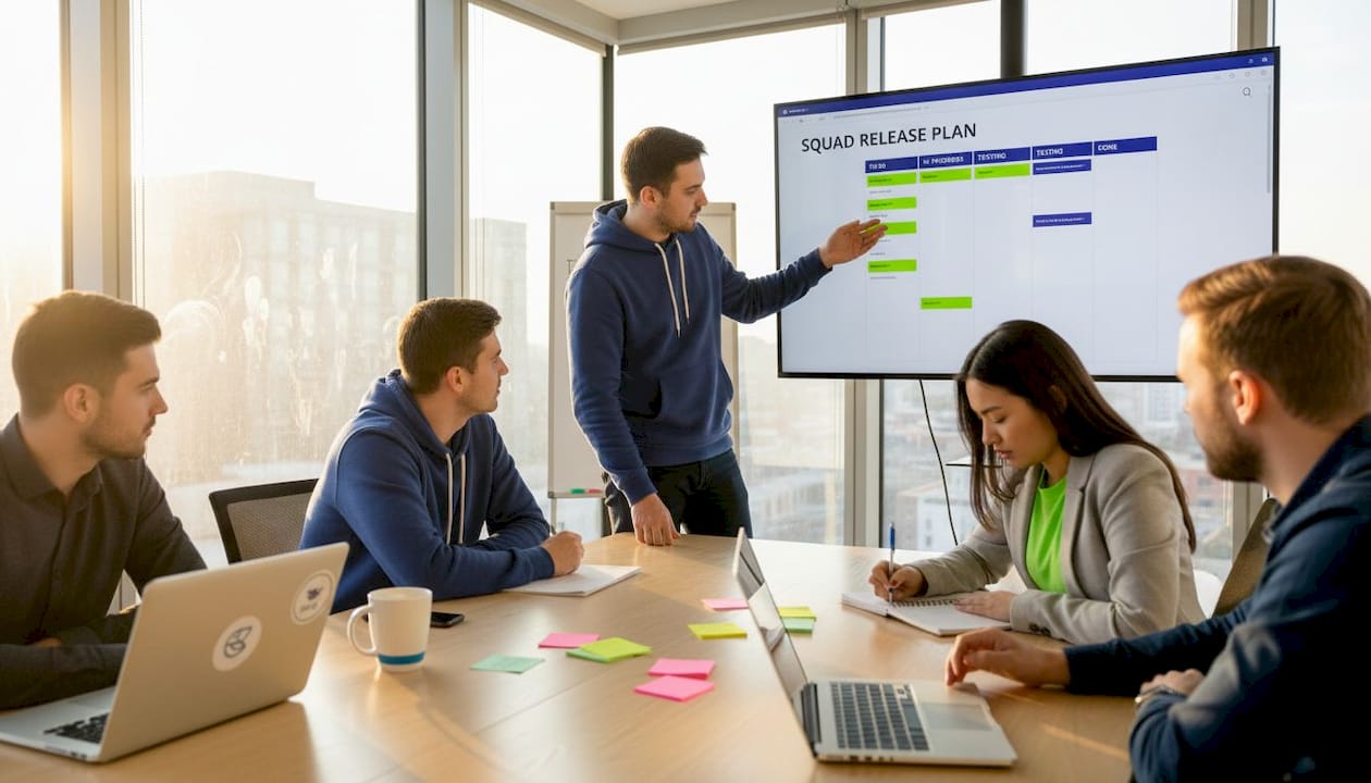 Spotify squad reviewing release plan together