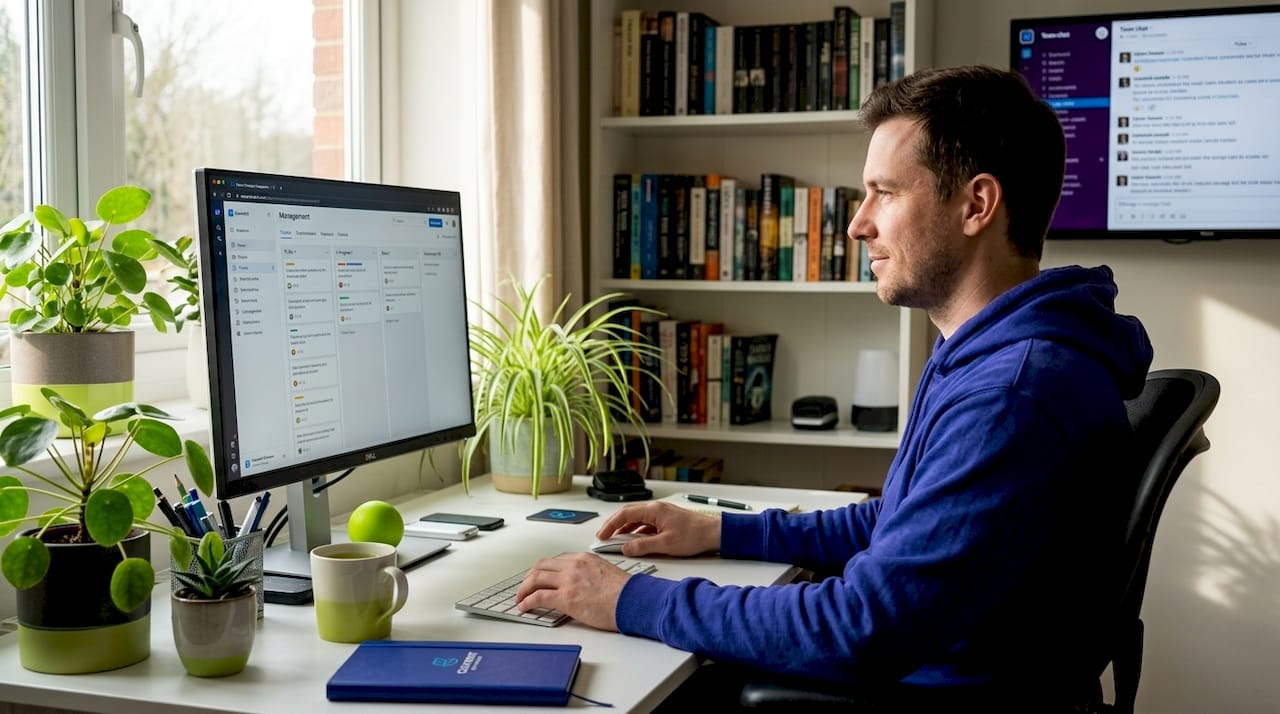 Software developer updating project tickets at desk