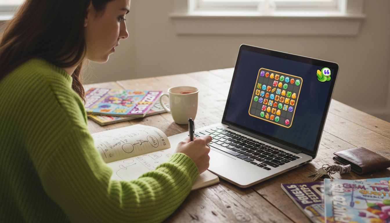 Woman analyzing match-3 board moves