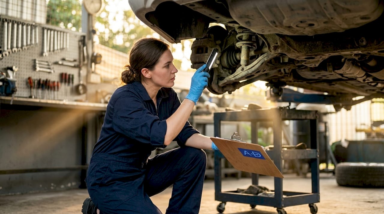 Mechanic inspecting used car engine carefully