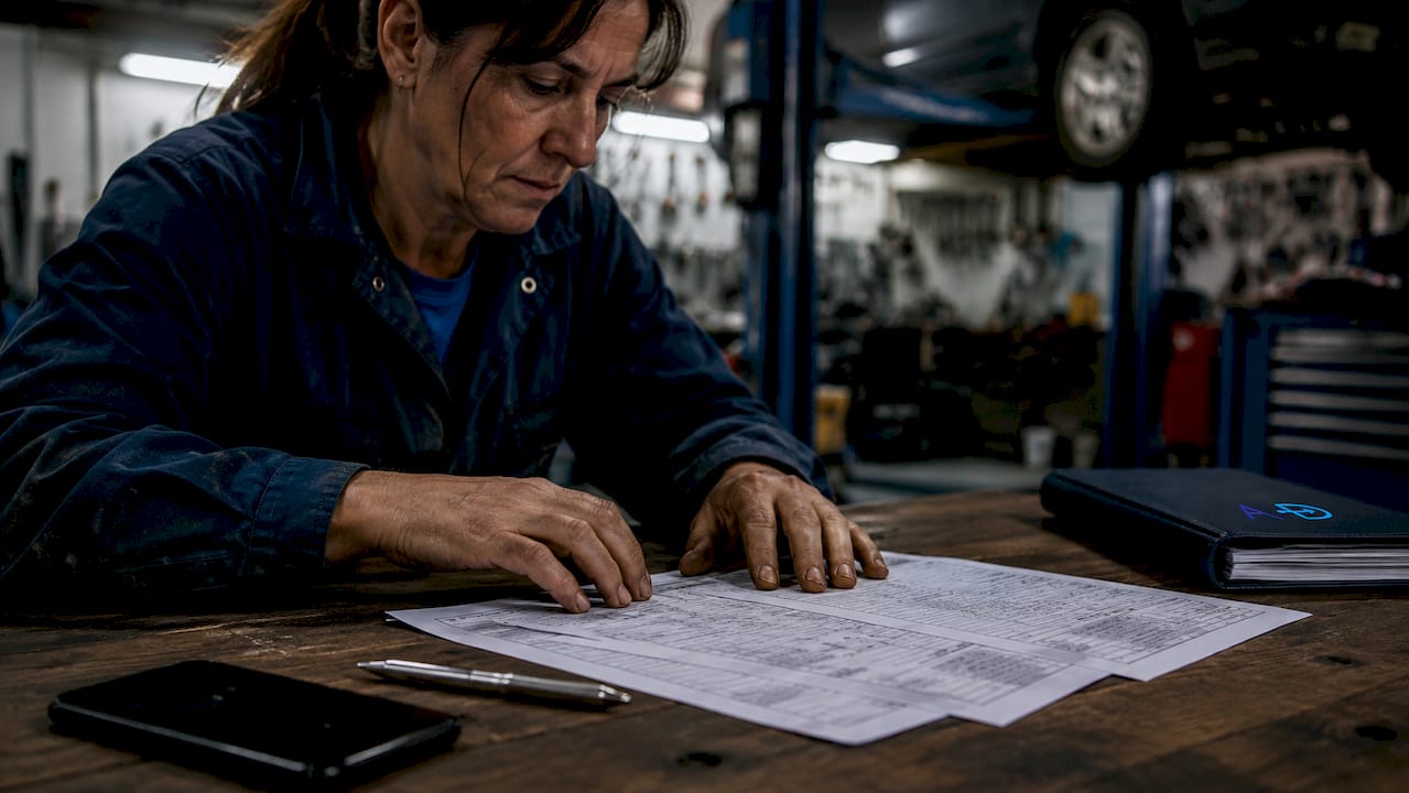 Mechanic's hands on vehicle inspection report