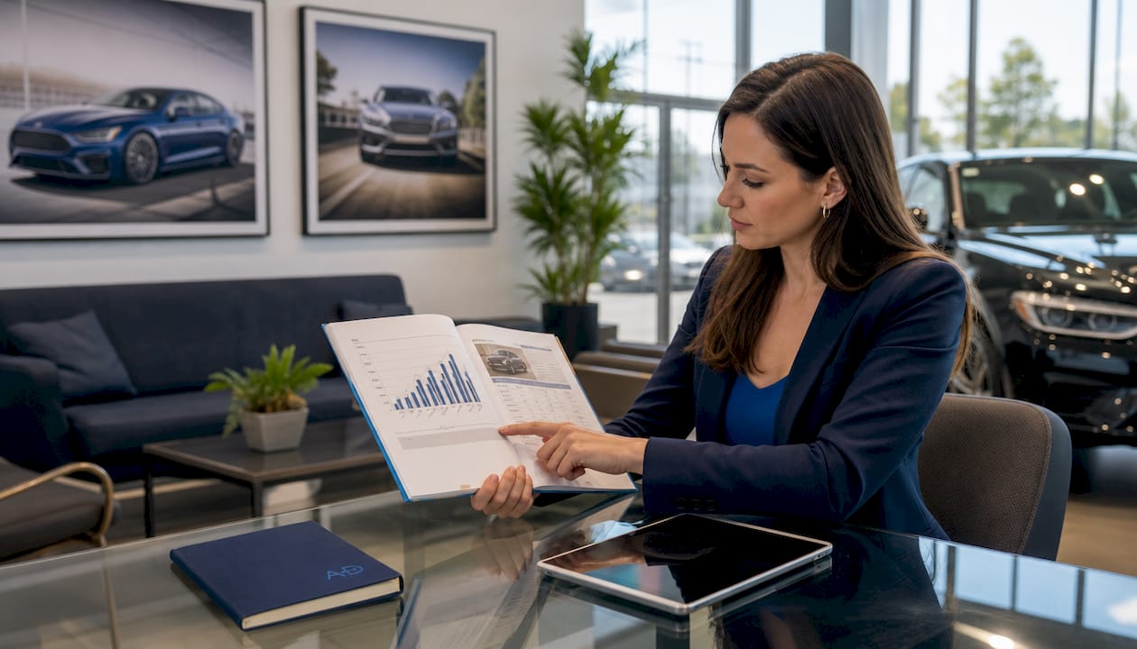 Hands examining used car age and mileage chart