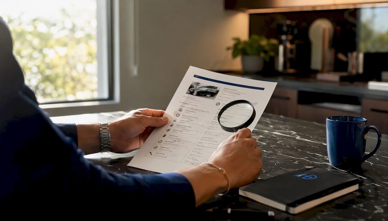 Hands inspecting vehicle history report with magnifier