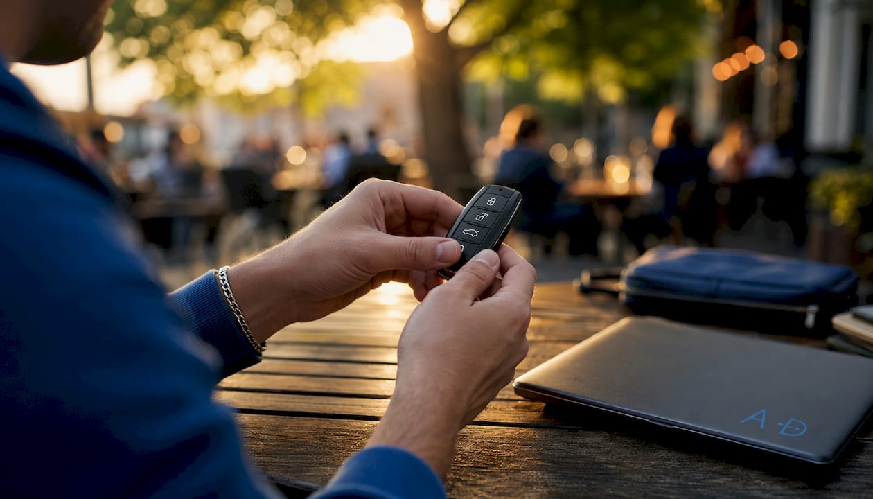 Hands holding electric car key in home office