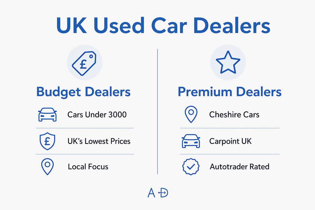 Infographic comparing budget vs premium UK used car dealers