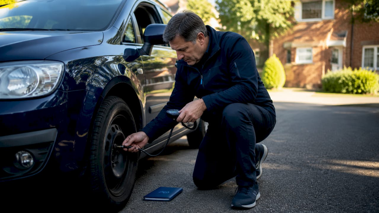 Hands checking used car tire pressure with gauge