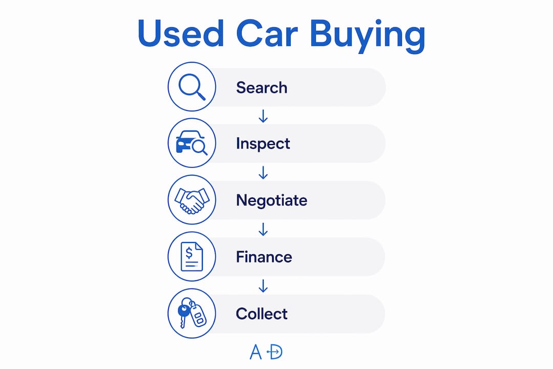 Infographic illustrating used car buying process stages
