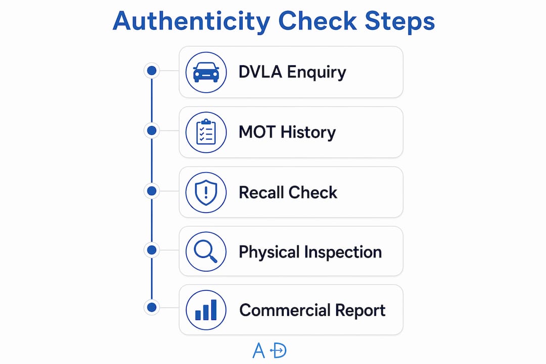 Infographic showing car authenticity check steps in UK
