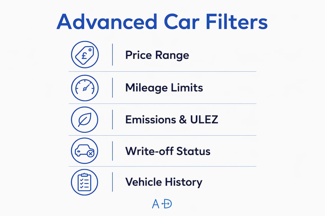 Infographic illustrating advanced car search filter categories