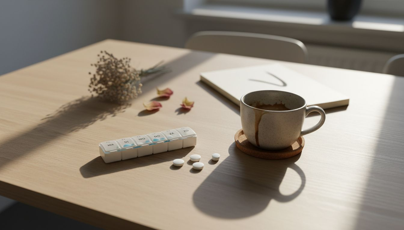 Een pillendoosje met vitaminen en supplementen ligt klaar op de keukentafel.