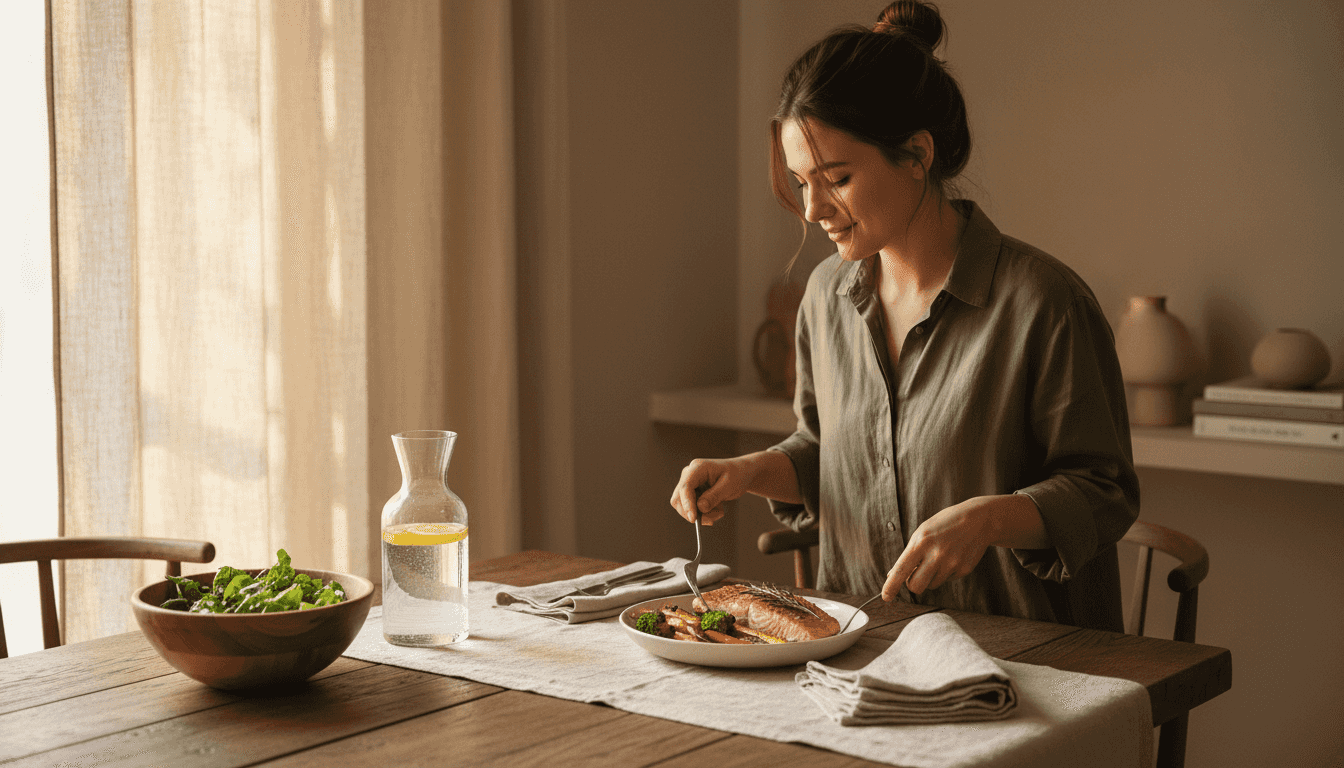 Vrouw zet een gezonde maaltijd vol omega 3 op tafel