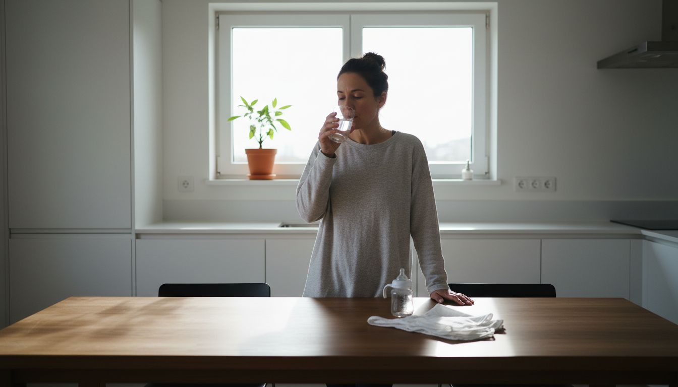 Een vrouw slikt haar dagelijkse vitamine in de keuken, omringd door het gezellige thuis.