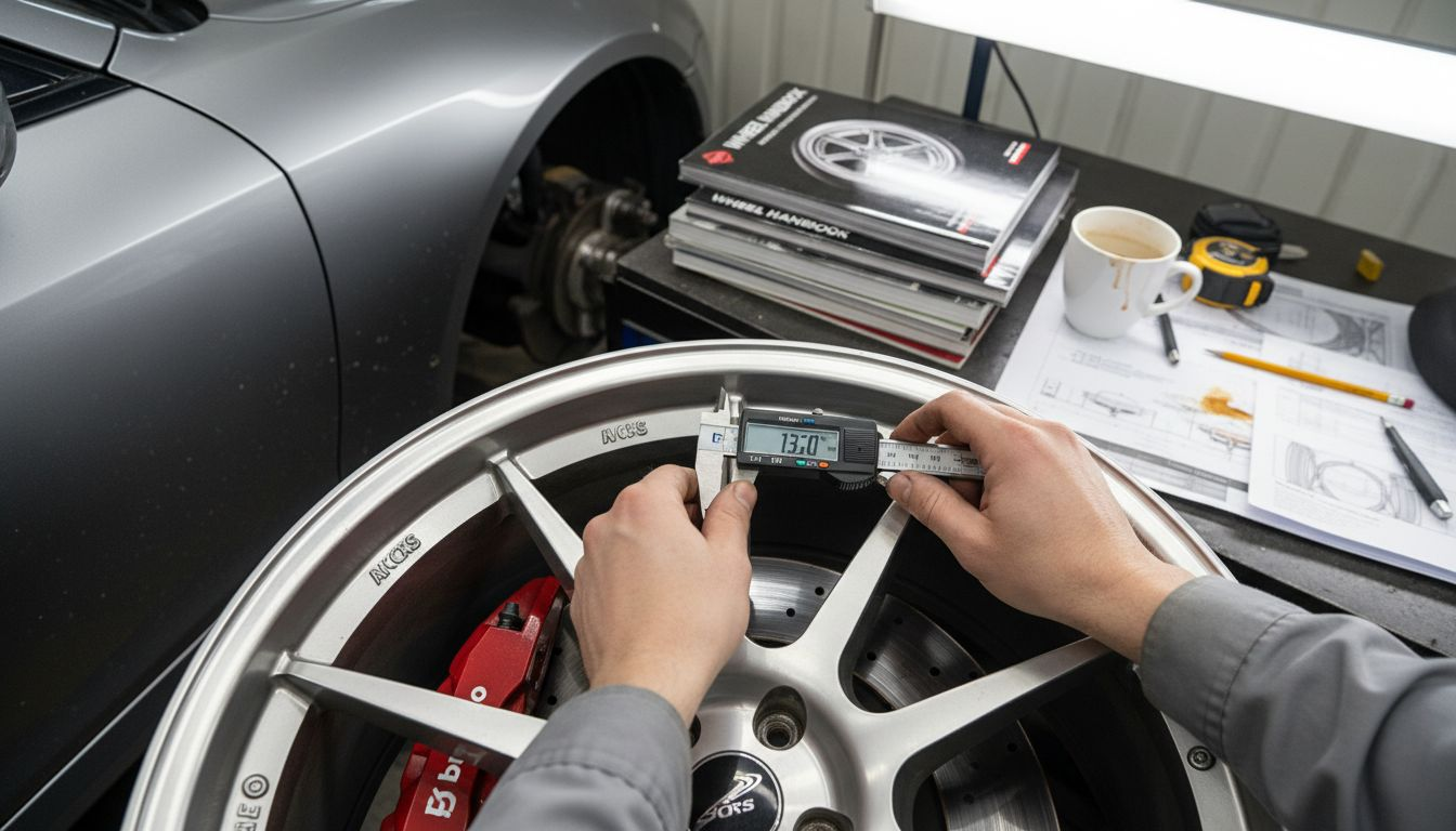 Technician measuring wheel fitment on sports car
