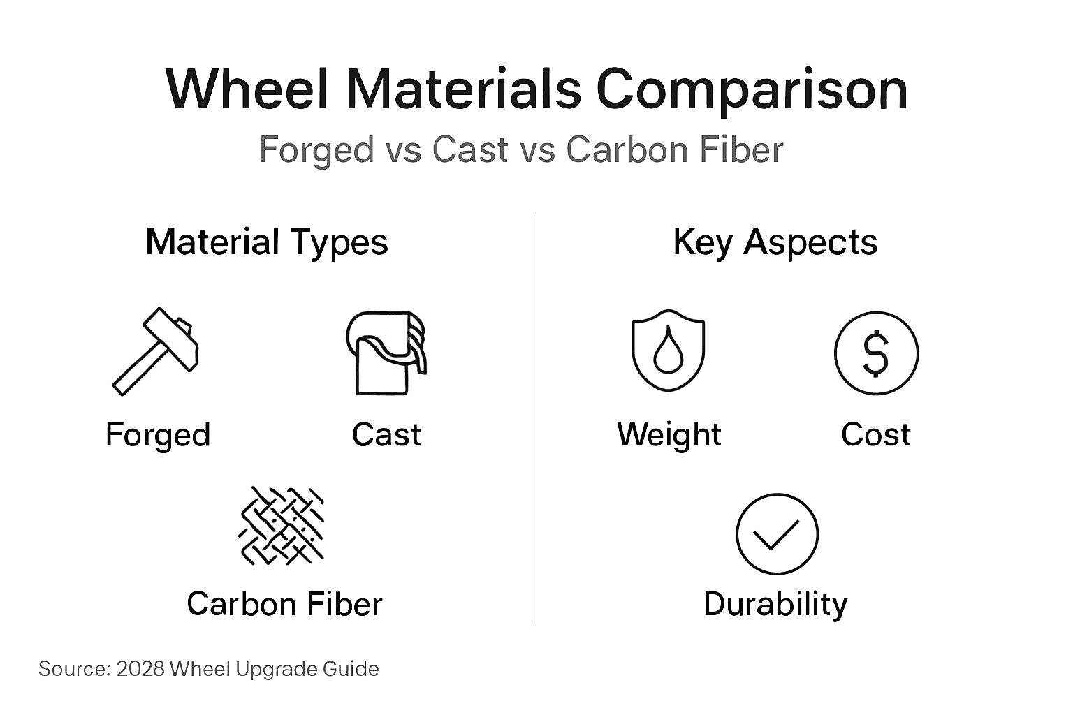 Infographic comparing forged, cast, carbon fiber wheels