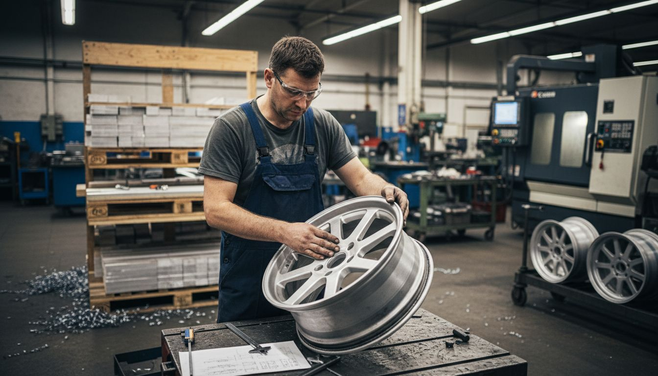 Machinist inspecting forged wheel in workshop