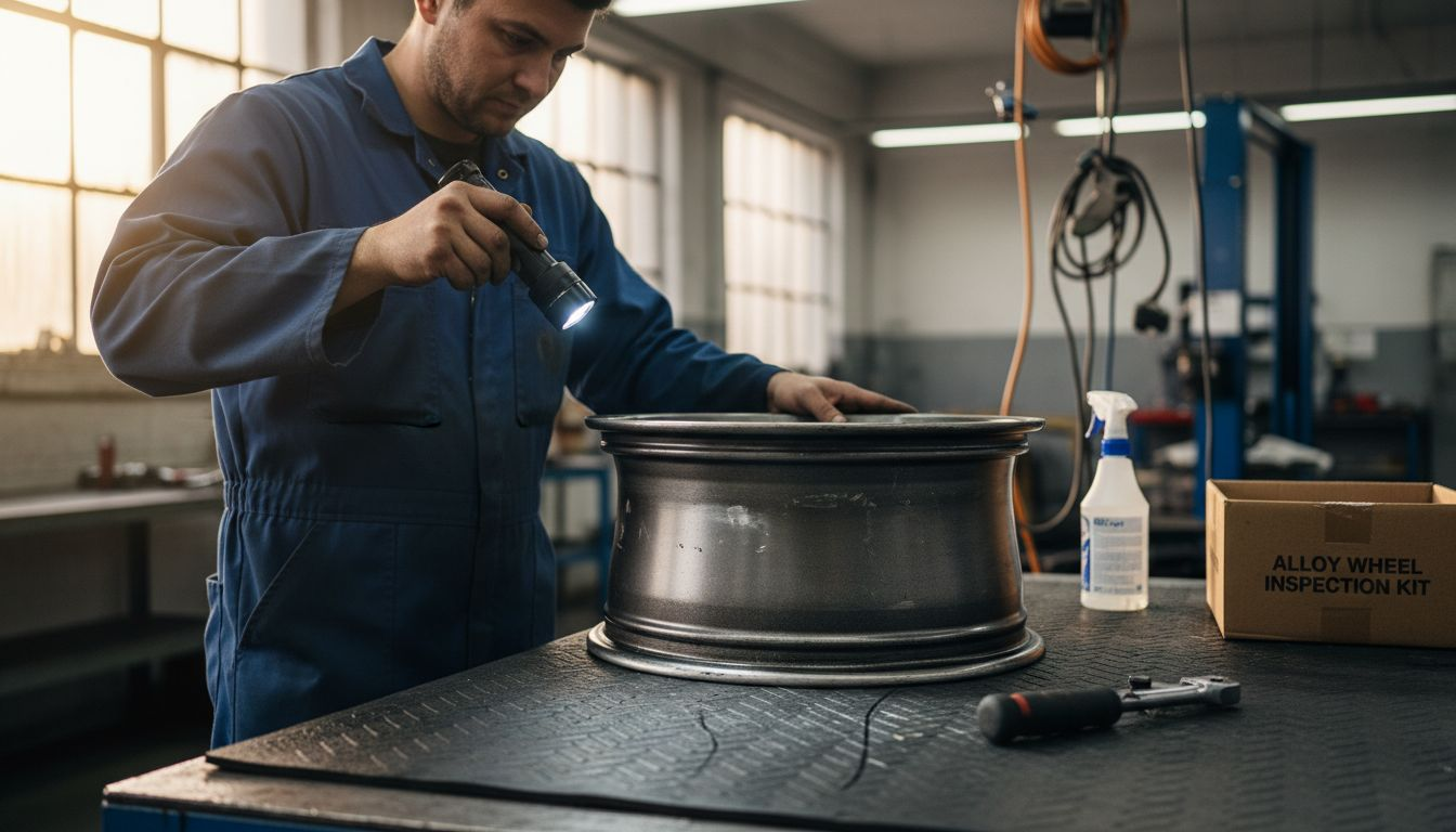 Technician inspecting forged wheel for damage