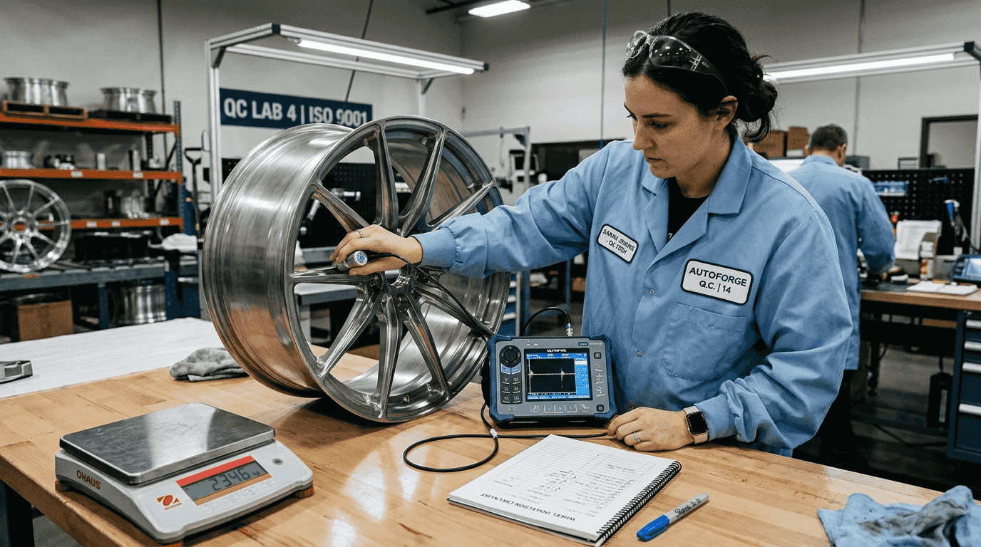 Ultrasonic testing on forged wheel in lab