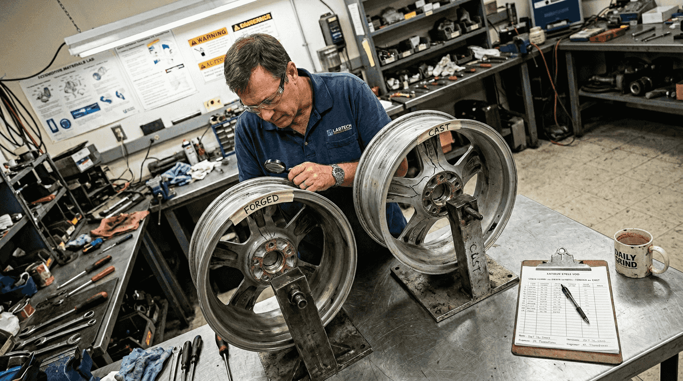 Engineer comparing forged and cast wheels after testing