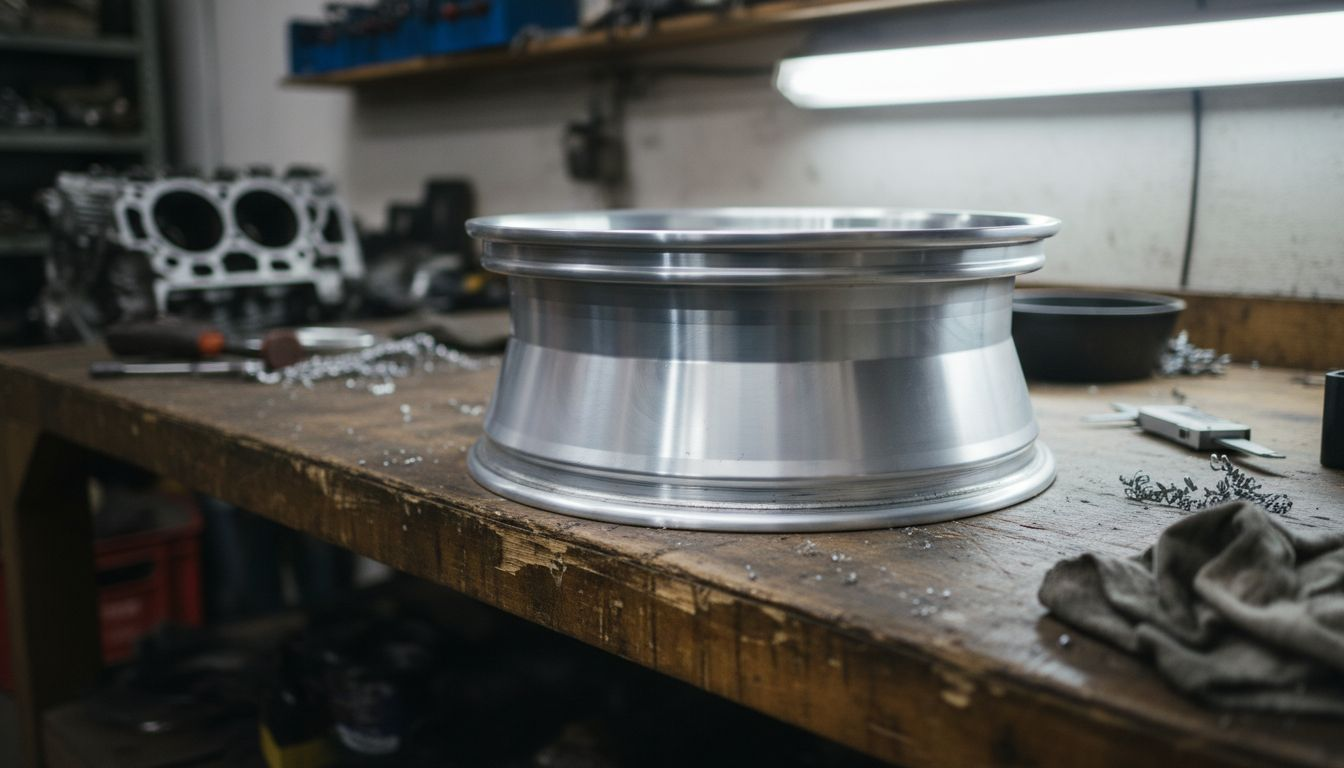 Close-up of machined performance wheel surface