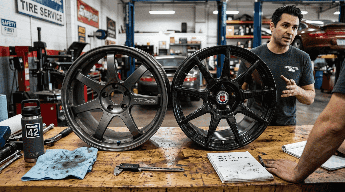 Carbon fiber and magnesium wheels side by side