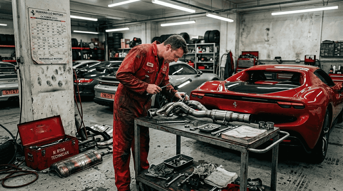 Technician examines Ferrari titanium exhaust system