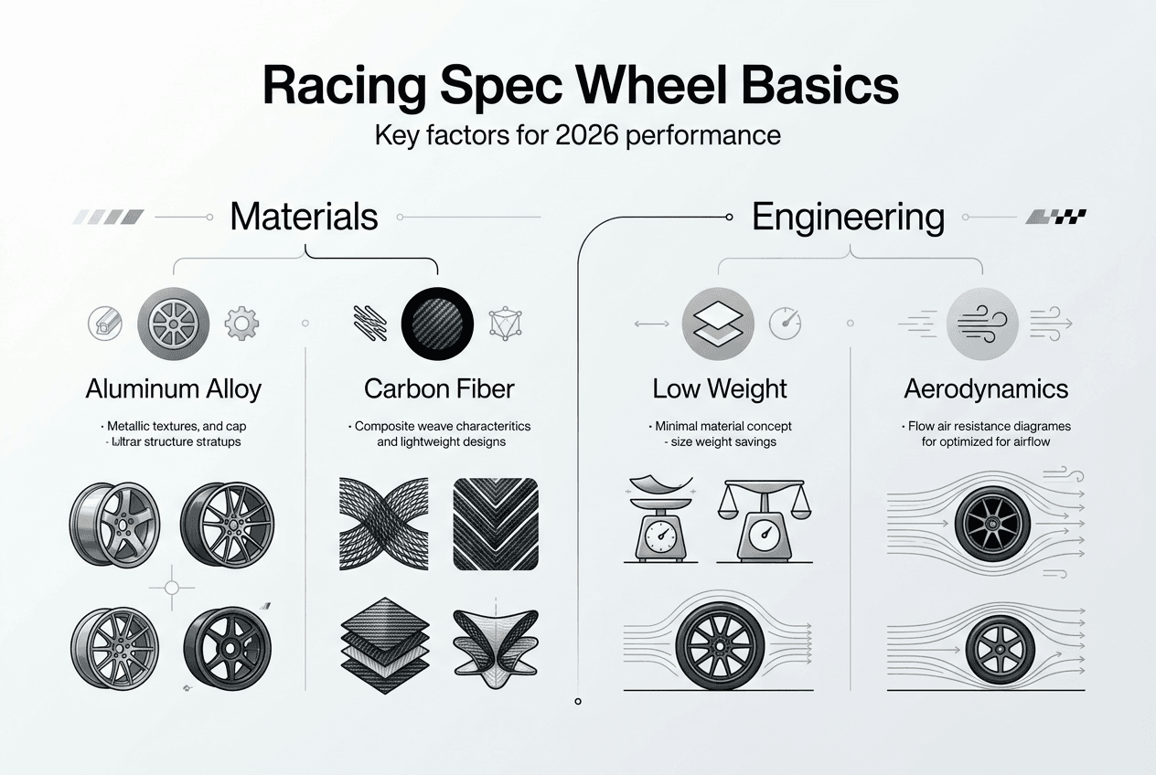 Infographic outlining racing wheel materials and design
