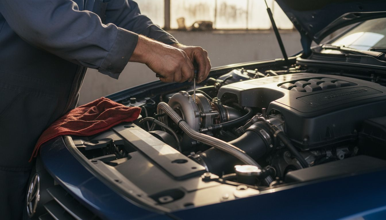 Mechanic installs turbocharger in car engine