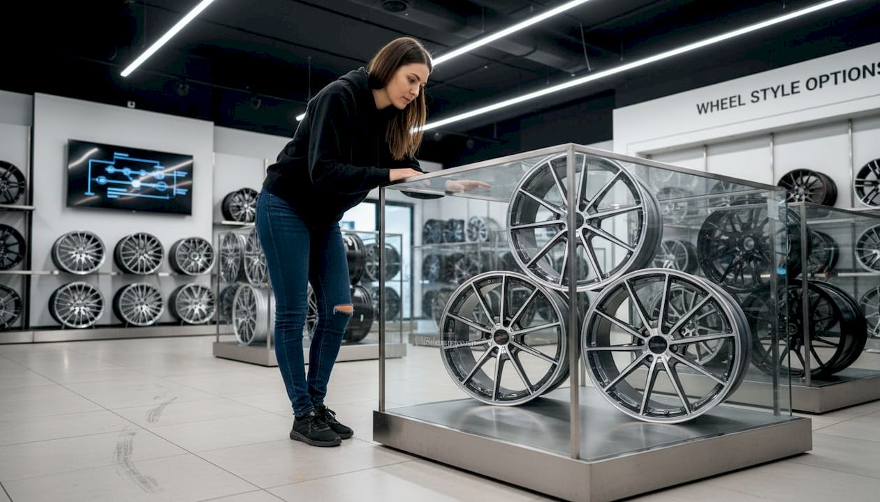 Customer viewing forged wheel options in showroom