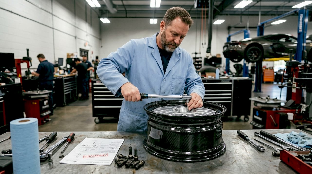 Technician assembling two-piece carbon wheel