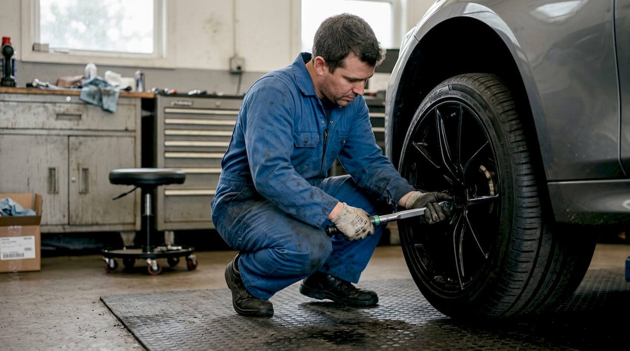 Technician installing forged performance wheel