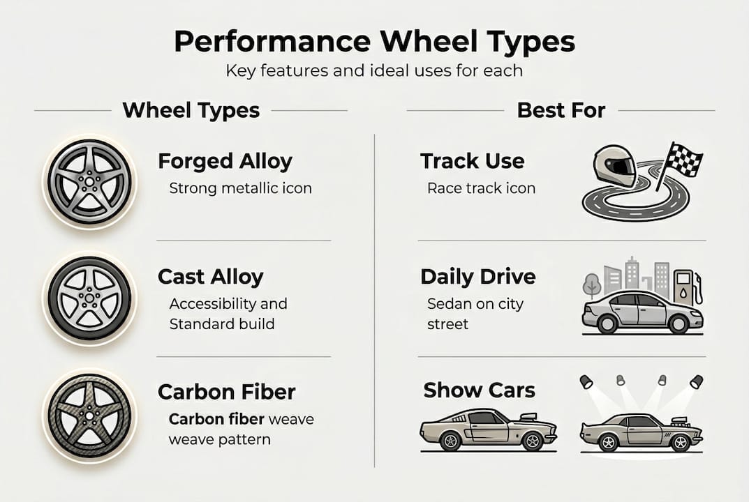 Infographic showing performance wheel types and uses